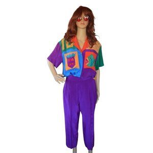 Vintage I.B. Diffusion 1990s Colorblock Silk  Shirt High Waisted Pants Set Sizes
